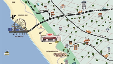 A hand-drawn map of Santa Monica. Highlights: Malibu, Santa Monica Pier, Venice Beach Boardwalk, Muscle Beach, and more