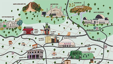 A hand-drawn map of Hollywood. Highlights: Griffith Park Observatory, Hollywood Bowl, Sunset Strip, LA LGBT Center, and more