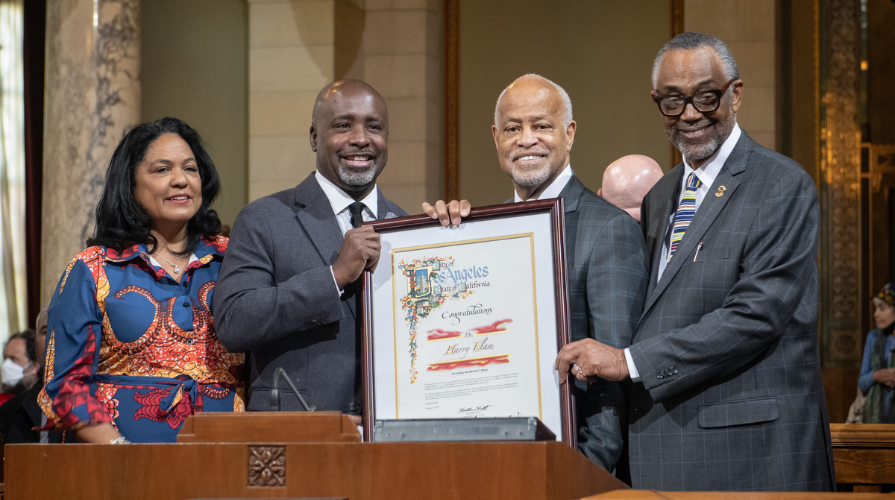 President Harry J. Elam, Jr. is recognized by members of the Los Angeles City Council