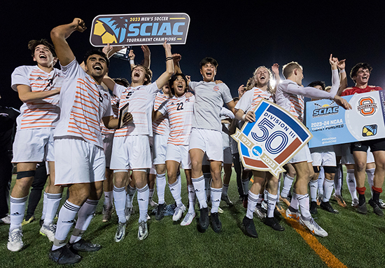 The 2023 Oxy men's soccer team after winning the SCIAC Tournament championship
