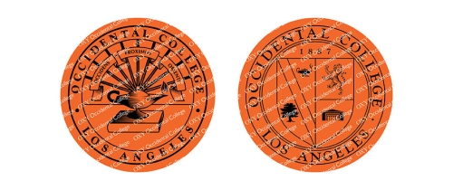 round Occidental college seals with an image of a lamp, books, orange colors