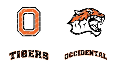 Athletics logo - letter O, orange tiger's head, text "tigers" and text "occidental"