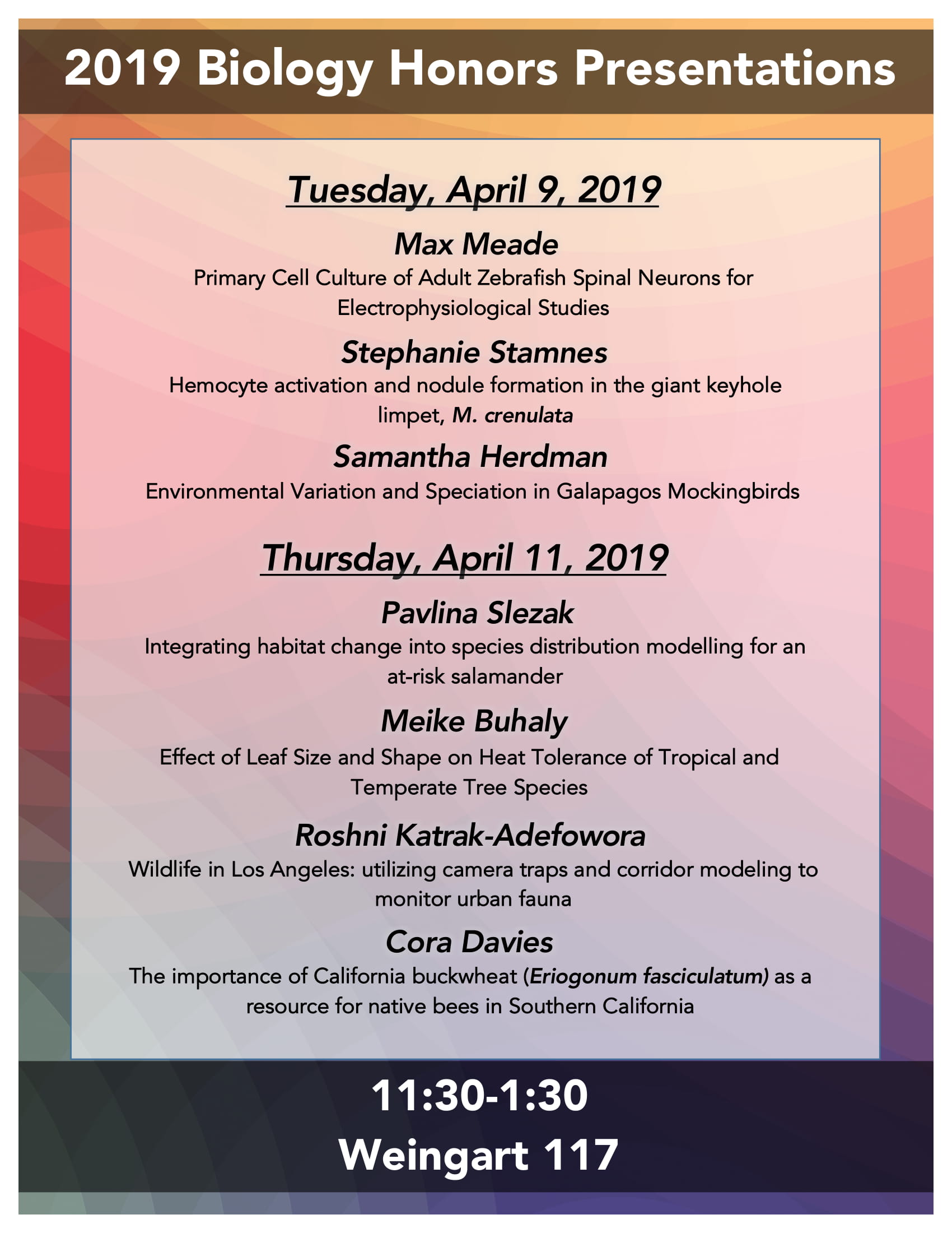 2019 Biology Honors Presentations Occidental College