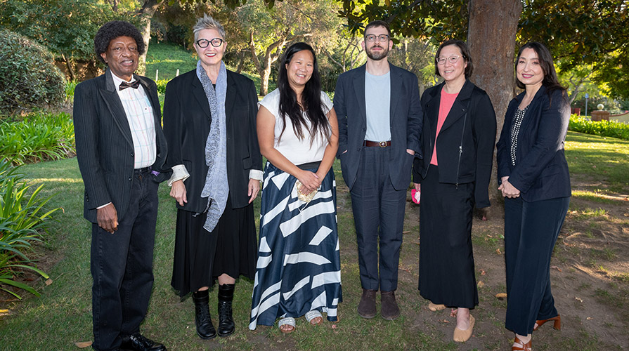 (l to r) Profs. Arthur Saint-Aubin, Mary Beth Heffernan, Diana Ngo, Ross Lerner, Anne Yu, Mary Christianakis