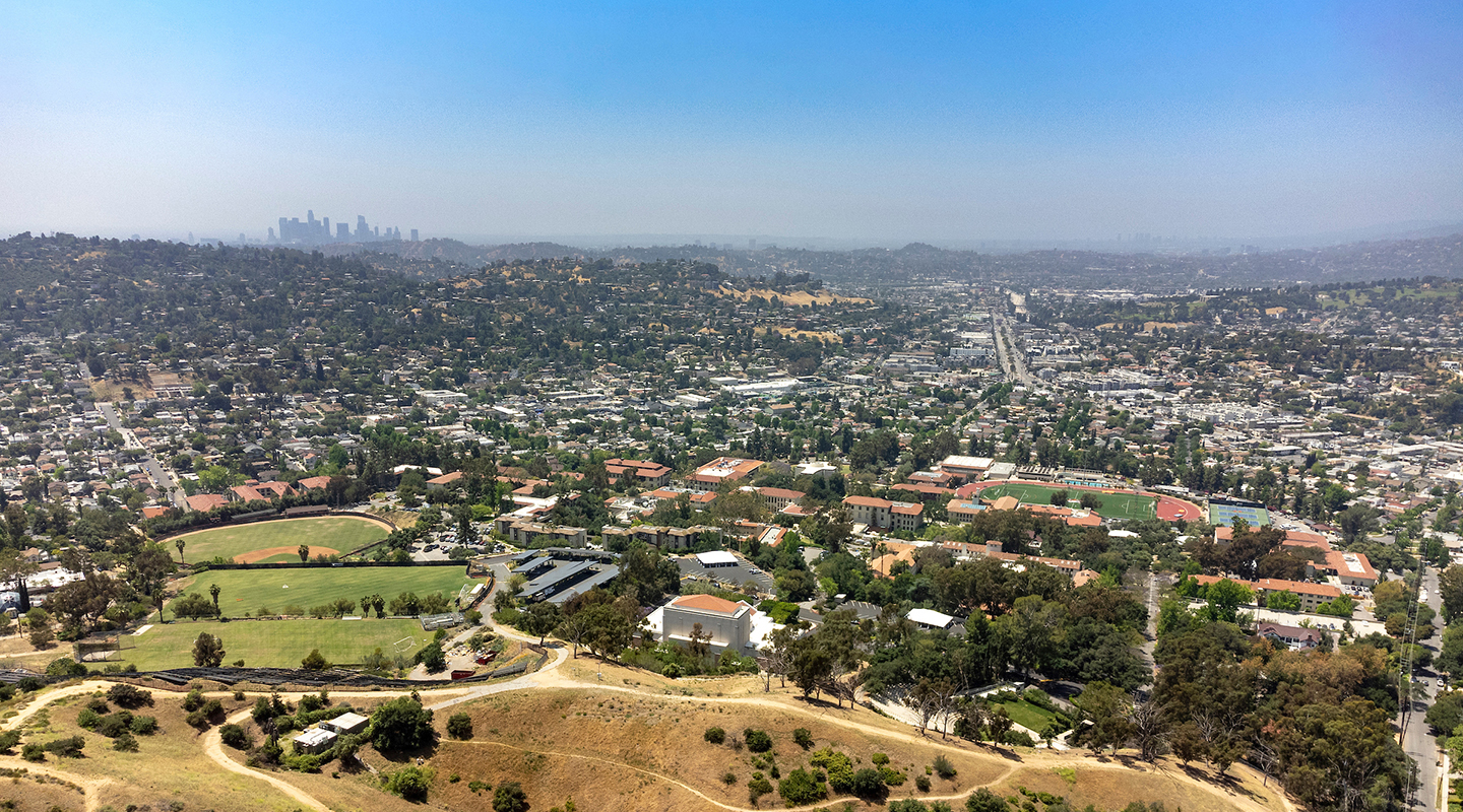 An aerial view of campus sprawling out.