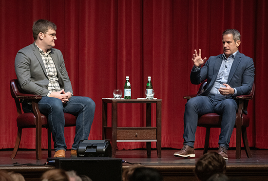 Assistant Professor of Politics Isaac Hale ’11 and former Rep. Adam Kinzinger at Occidental College.