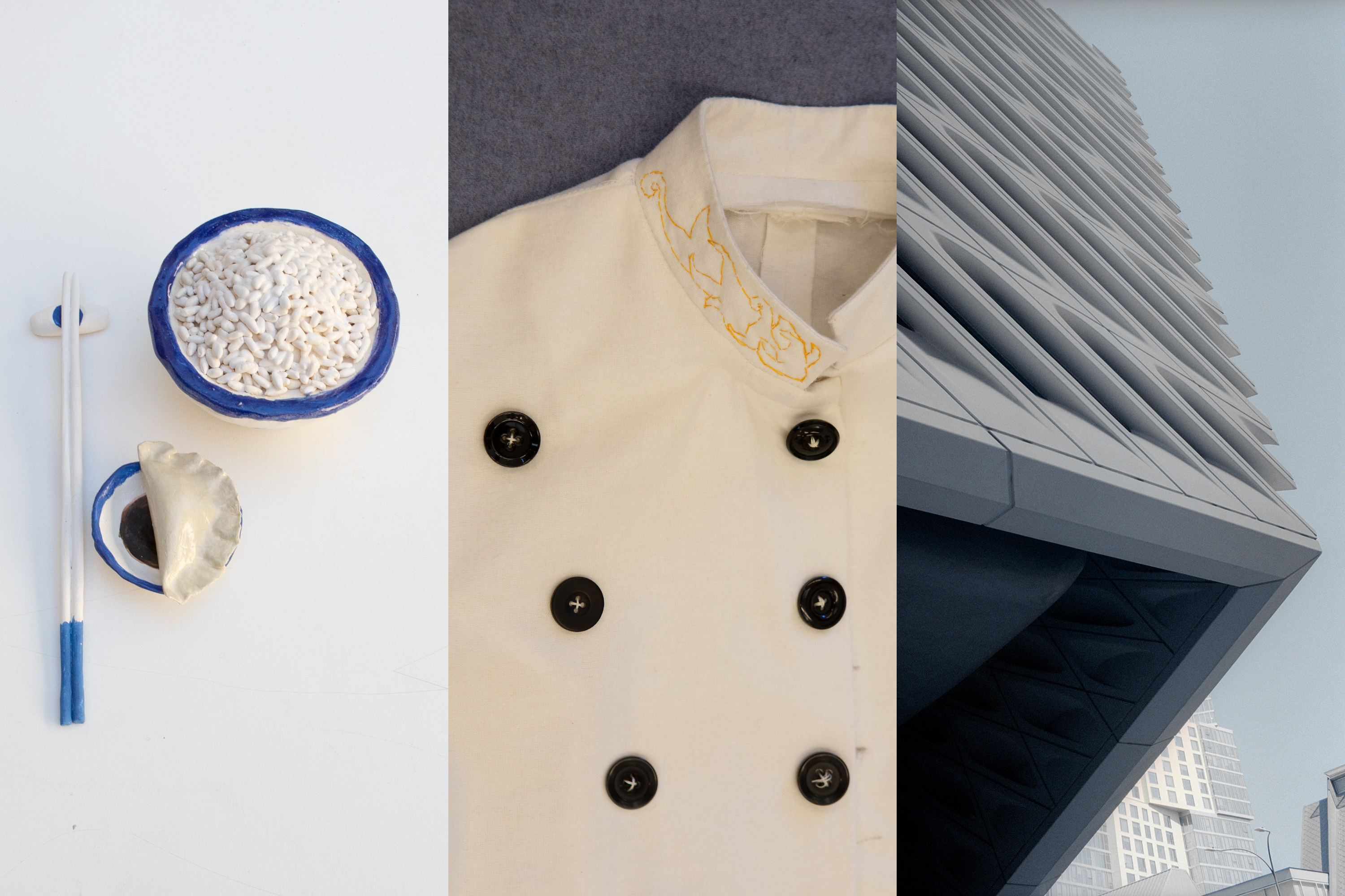 2023ArtComps.jpg Image grid with three photographs of artwork. Far left is ceramic, center is a garment and far right is a photograph of a building.