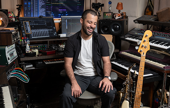 Emmy-nominated composer Kyle Rodriguez ’16 at his home studio in Los Feliz.