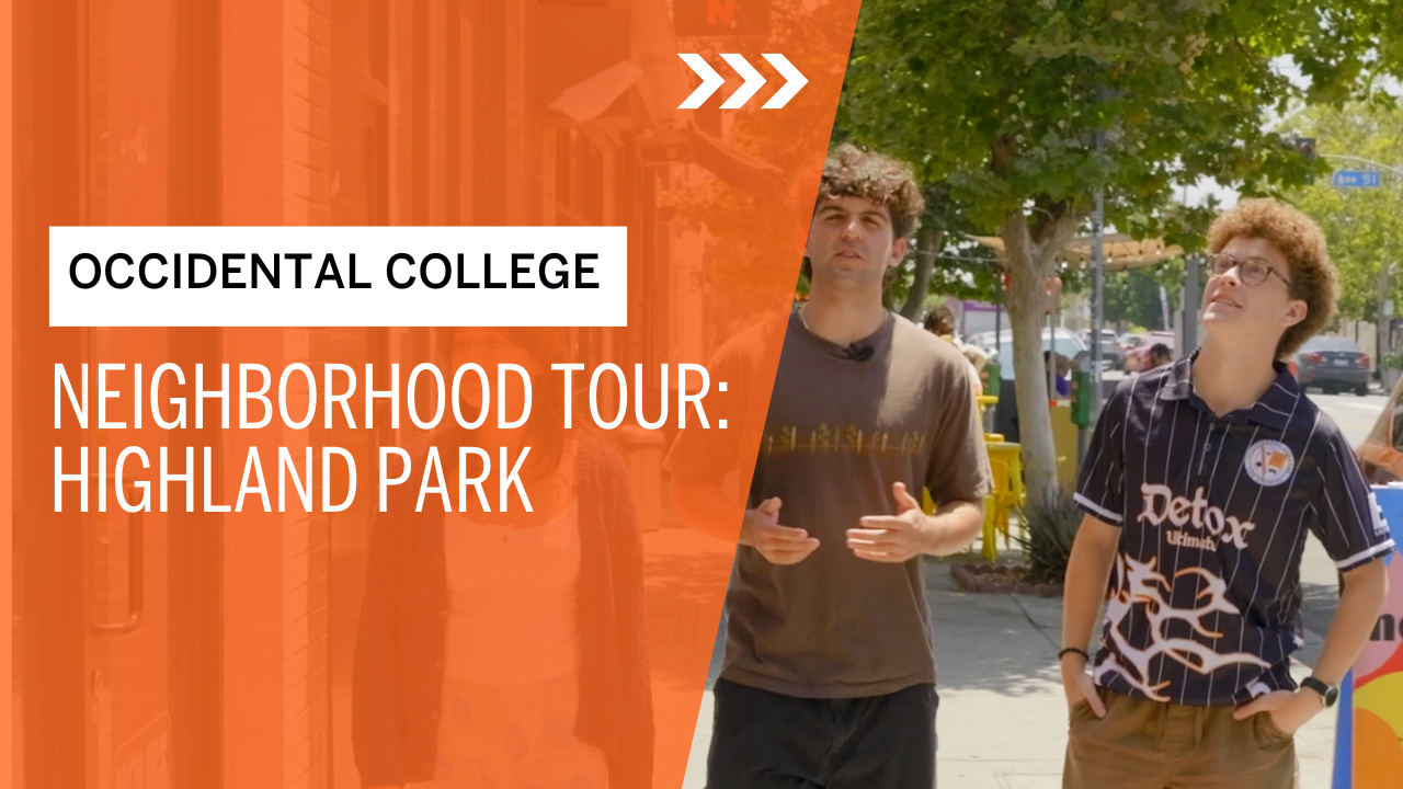 Two male Occidental students walking down York Boulevard in LA