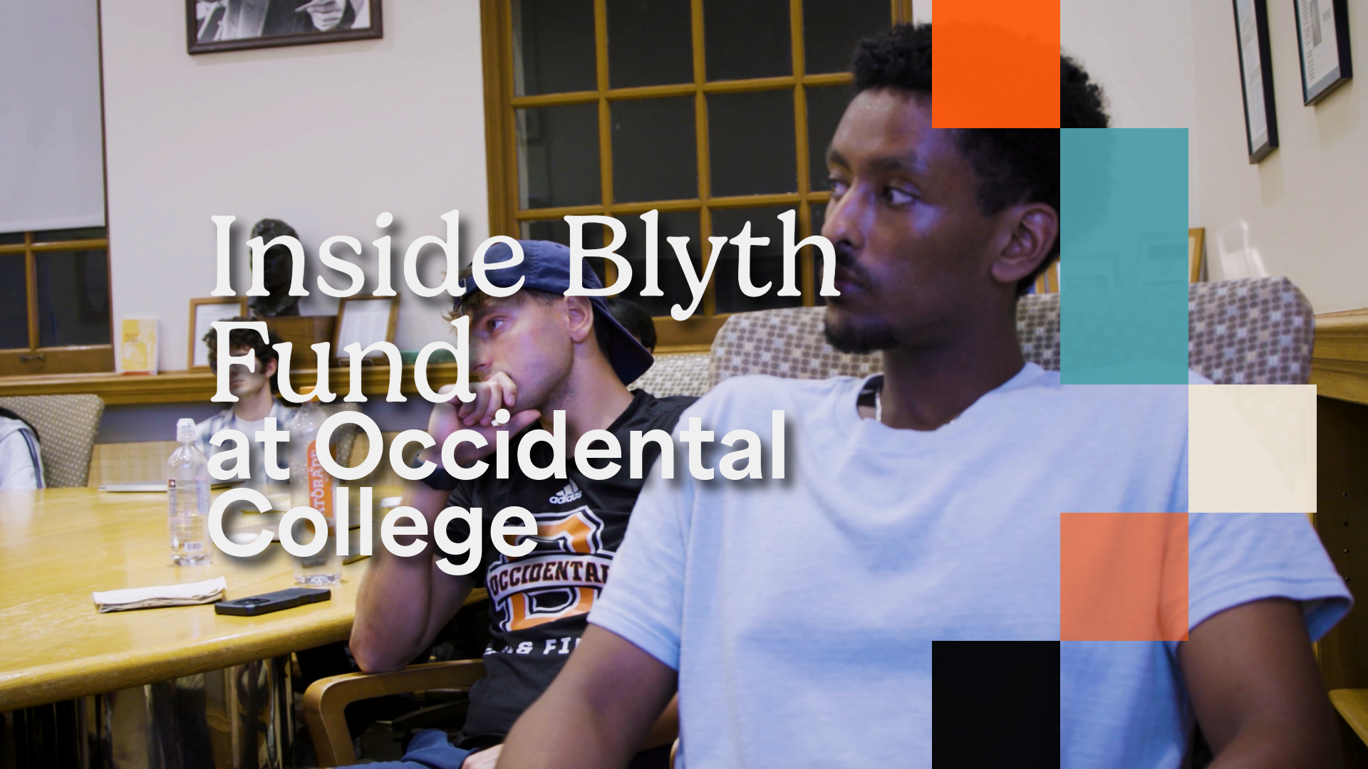 a classroom of students and the title header "Inside Blyth Fund at Occidental College"