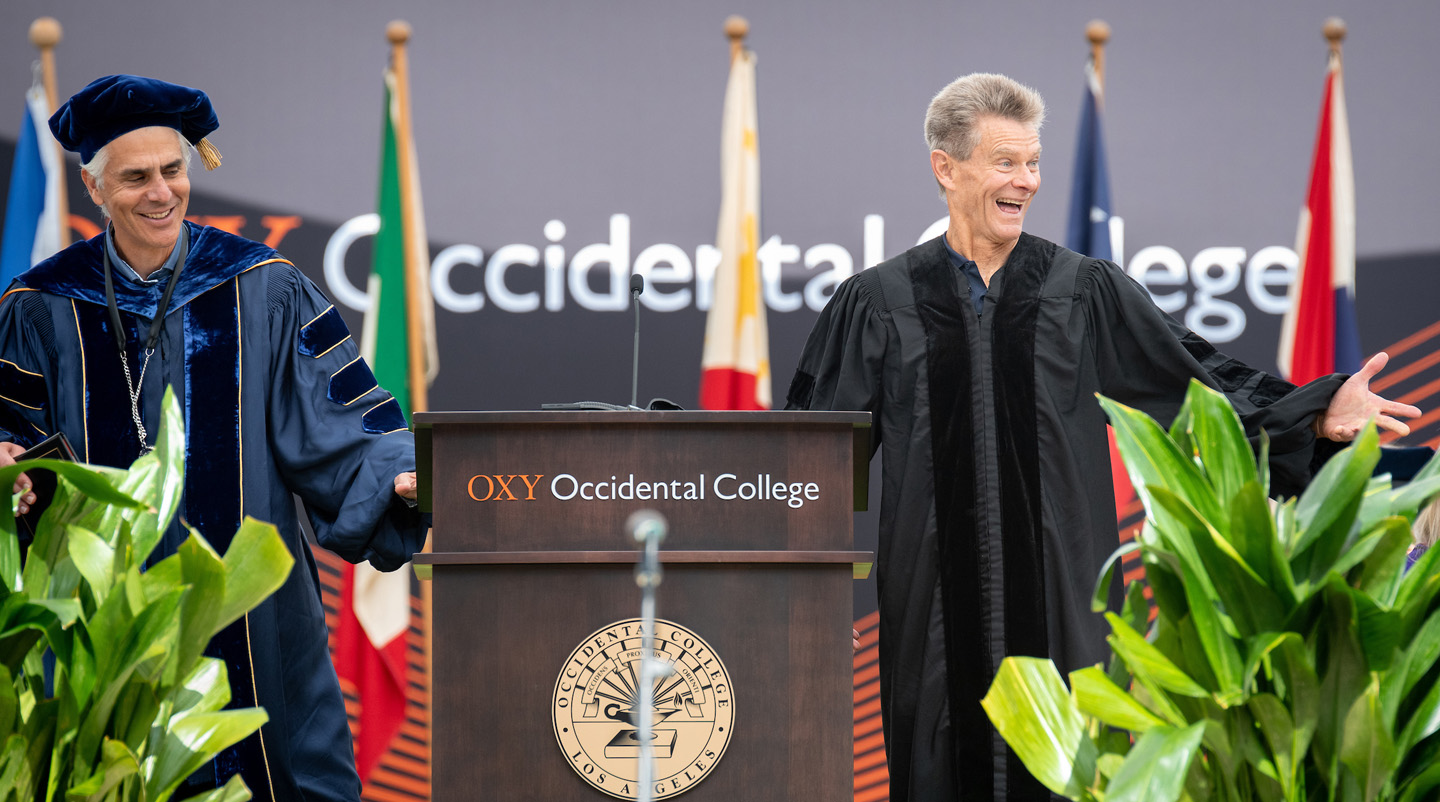 President Tom Stritikus and Professor of Kinesiology Stuart Rugg at Commencement in May 2025.