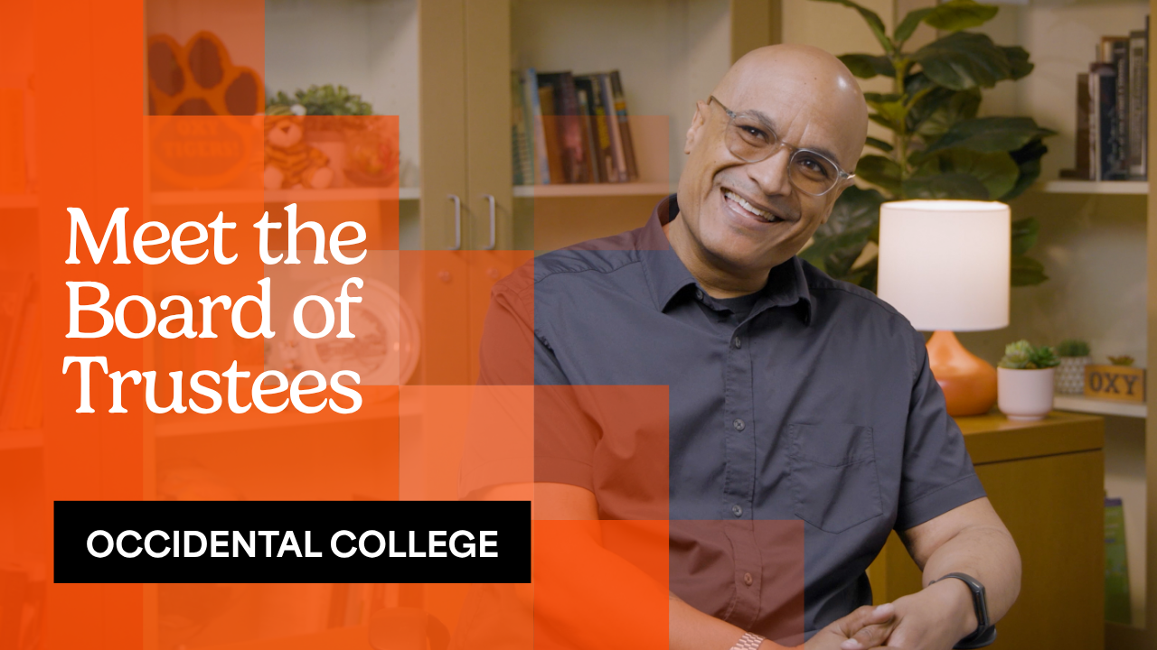 Occidental College Board of Trustees member Leo Olebe smiling on a couch with the text "Meet the Board of Trustees"