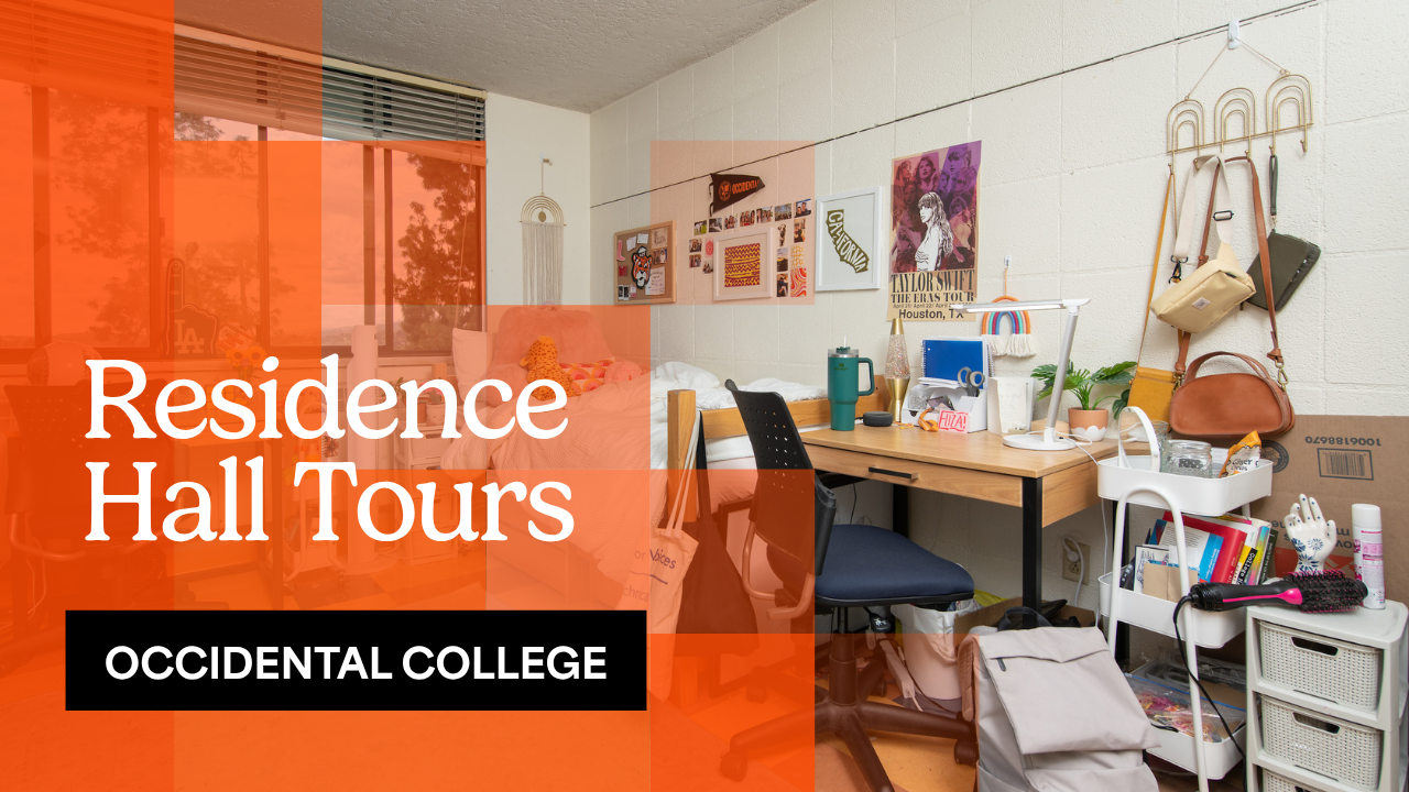 An Occidental College residence hall room with desk, furniture, and decorations on the walls