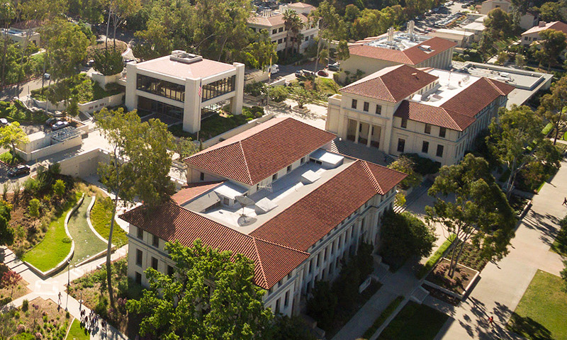 A bird's eye view of the Occidental College campus from a drone camera