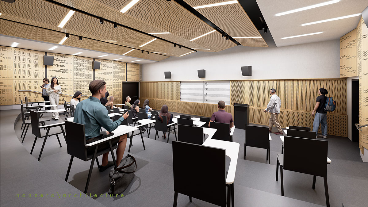 Architect's rendering of a multipurpose classroom and rehearsal space