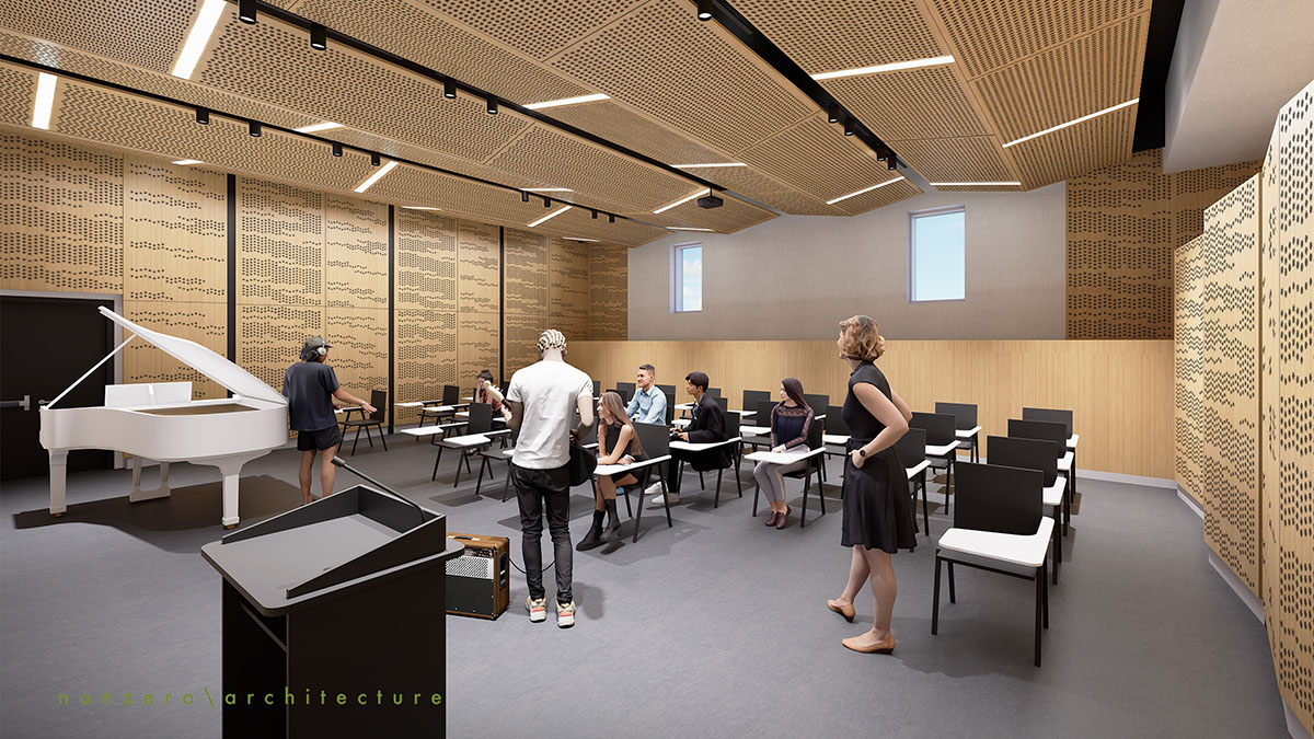 Architect's rendering of a multipurpose classroom space and soundstage with high ceilings
