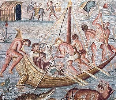 men sailing a boat across the Nile in the 2nd century