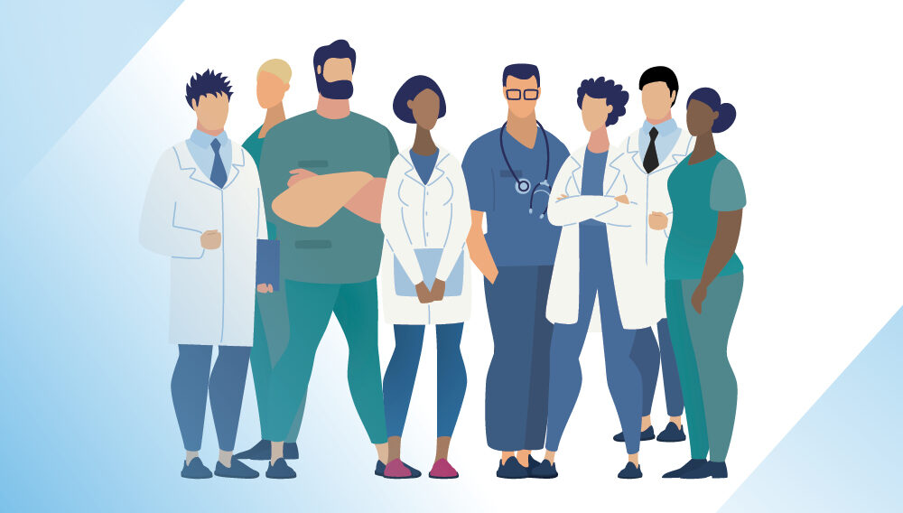 a cartoon illustration of a group of allied health professionals