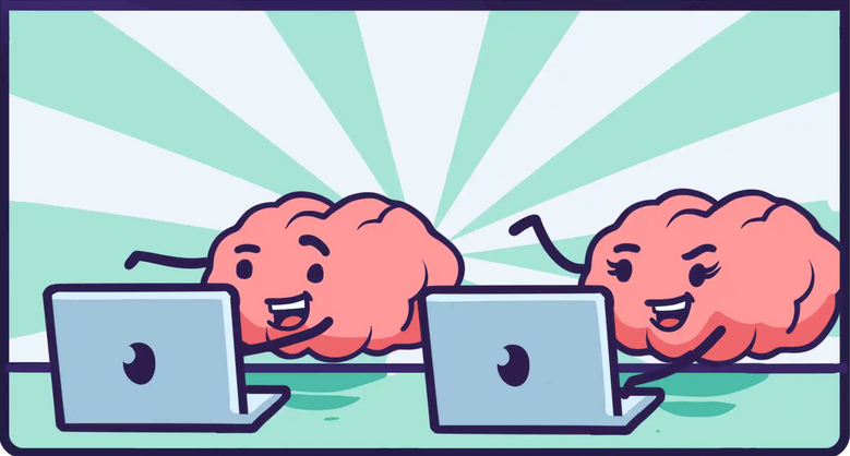 an illustration of two cartoon brains looking at laptops side by side