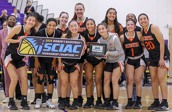 Oxy's women's basketball team after winning the SCIAC Tournament.