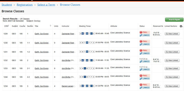 Instructional Screenshot for Class Search Registration