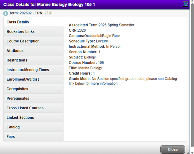 Instructional Screenshot for Class Search Registration