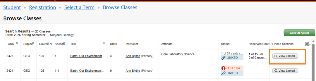 Instructional Screenshot for Class Search Registration