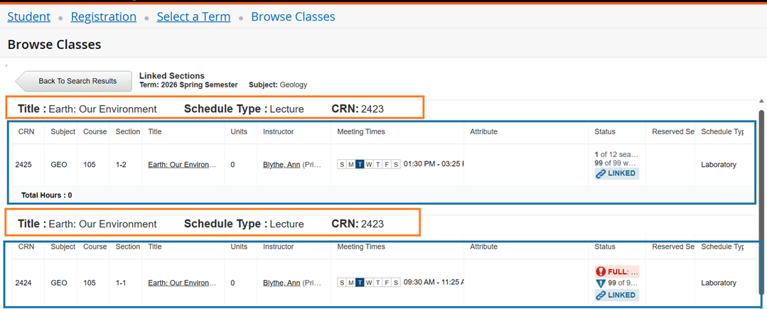 Instructional Screenshot for Class Search Registration