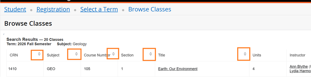 Instructional Screenshot for Class Search Registration