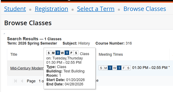 Instructional Screenshot for Class Search Registration