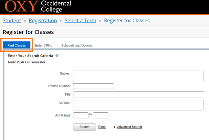 Instructional Screenshot for Class Search Registration
