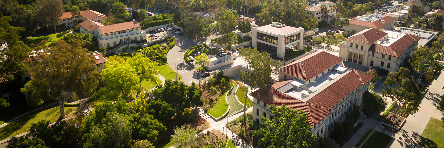 A bird's eye view of the Occidental College campus from a drone camera