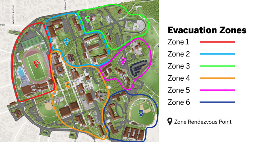 An Occidental College campus map showing the various evacuation zones for emergencies