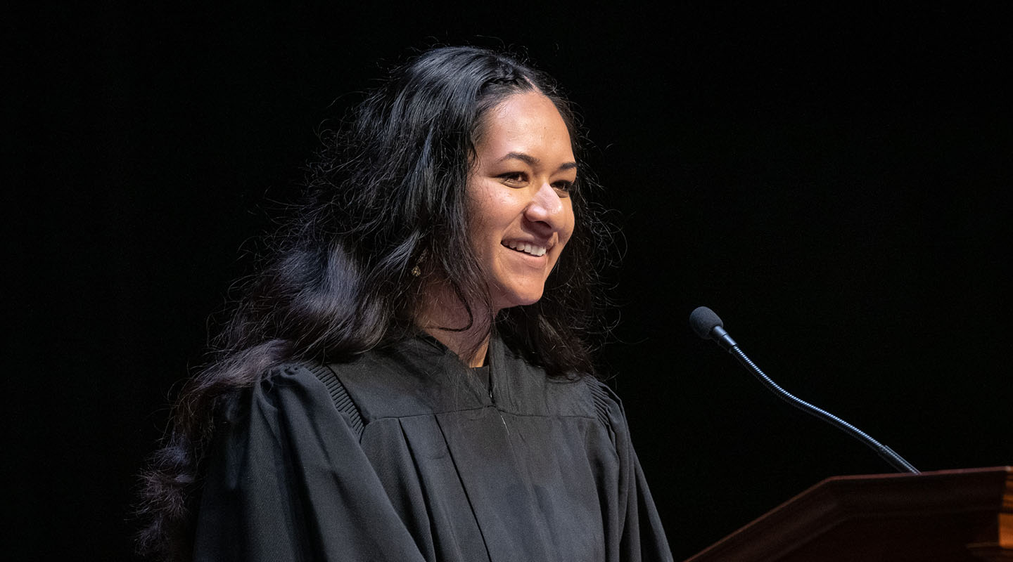 ASOC president and Oxy student Trisha Bhima speaking at Convocation 2026