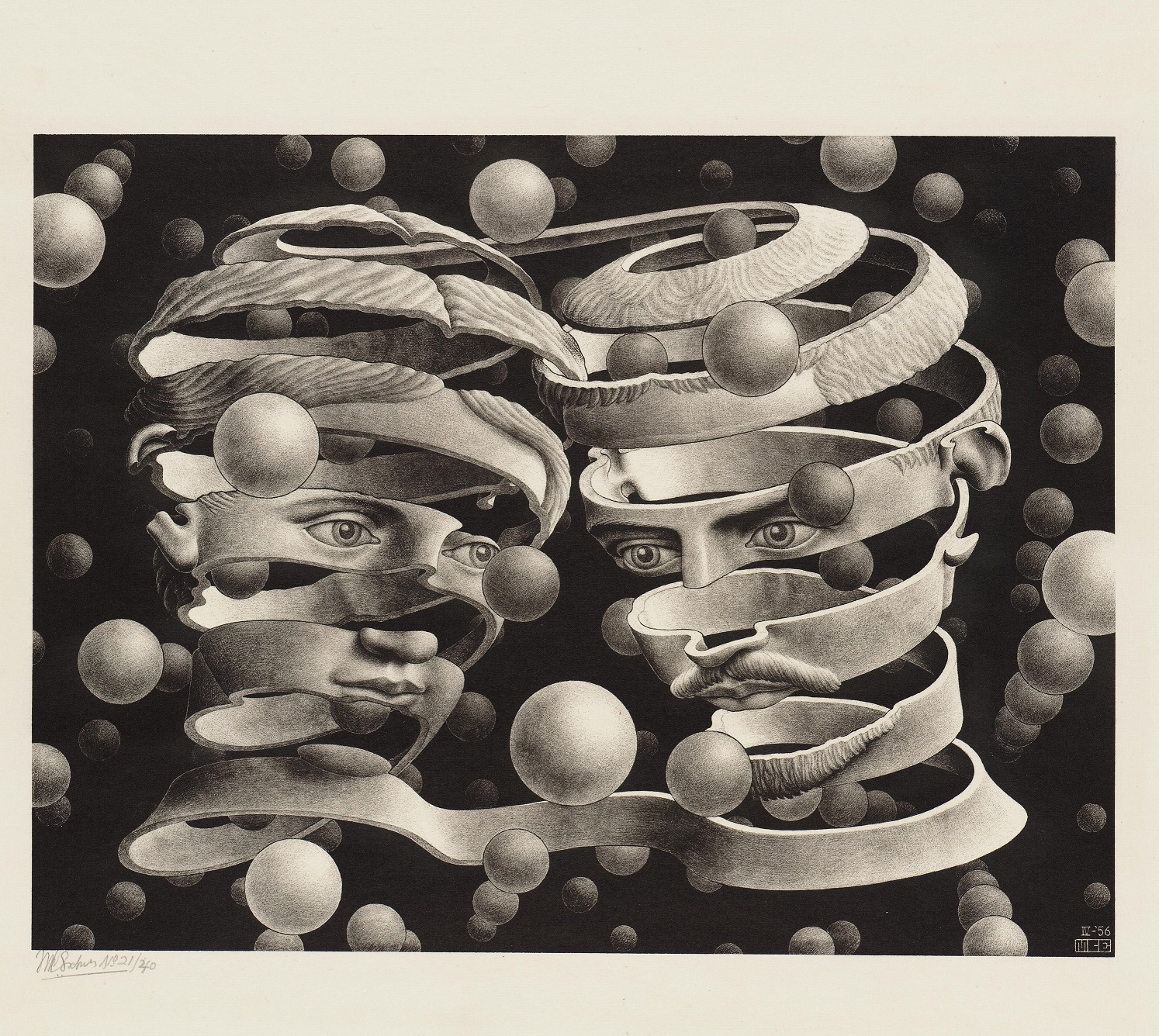 This is M.C. Escher's "Bond of Union" (1956) — a lithograph showing two profile heads, male and right, female left, formed from continuous spiraling ribbons