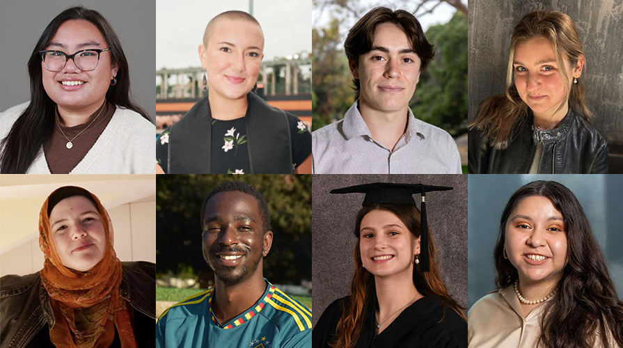Eight stacked headshots of Occidental College graduating seniors