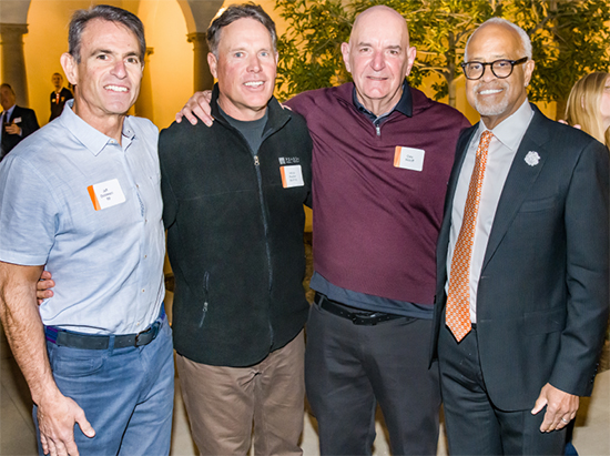From left, Jeff Goldstein ’86, Vance Mueller ’86, former Coach Dale Widolff, and President Elam at a celebration of the 126-year legacy of Oxy football in November 2022.