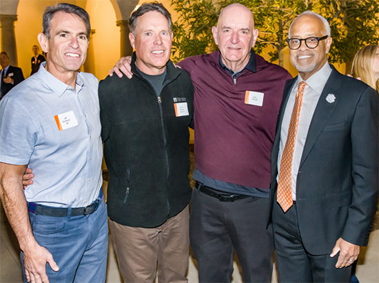 From left, Jeff Goldstein ’86, Vance Mueller ’86, former Coach Dale Widolff, and President Elam at a celebration of the 126-year legacy of Oxy football in November 2022. From left, Jeff Goldstein ’86, Vance Mueller ’86, former Coach Dale Widolff, and President Elam at a celebration of the 126-year legacy of Oxy football in November 2022.