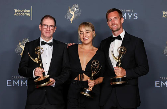 Cian O’Clery, Emma Choate, and Sean Bowman with their Emmys at the Peacock Theater on September 7. 