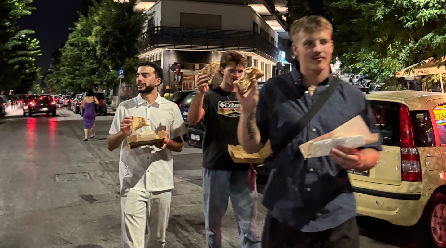 Evan Caulfield '26, center, and other participants in Oxy's Summer Justice Internship in Greece