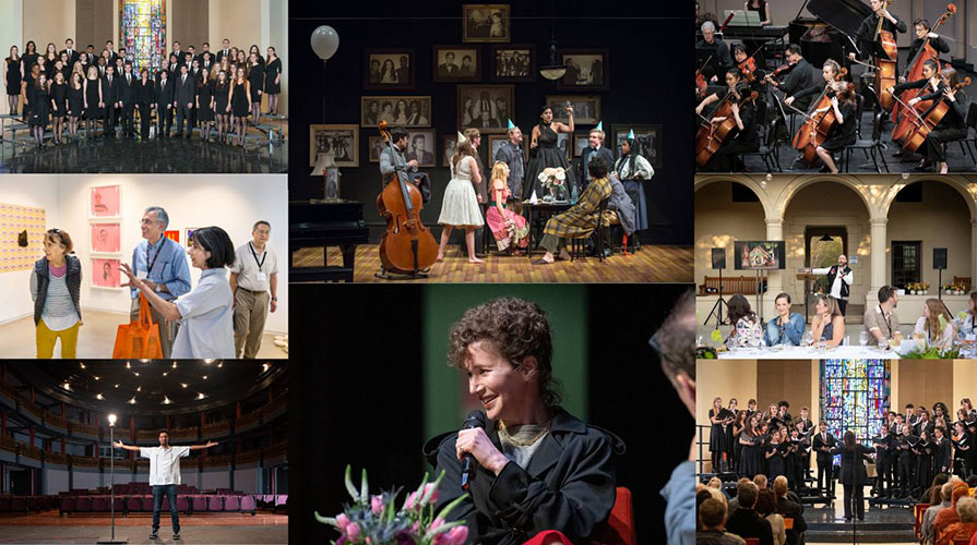 a collage of images of arts events taking place at Occidental College this semester