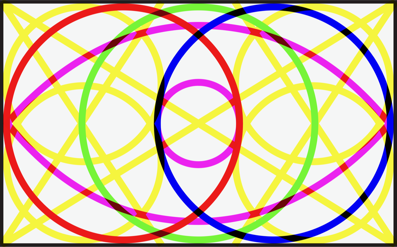 Colorful graphic with intersecting circles, ovals and Xs