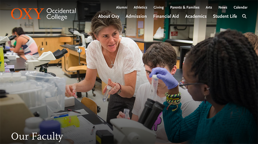 a screenshot of the Faculty page on oxy.edu featuring Shana Goffredi teaching in a classroom