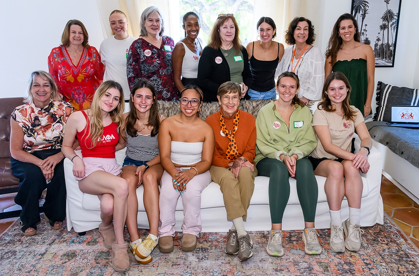 Alpha sorority held an open house on October 18 during Homecoming & Family Weekend. Attendees spanned eight decades of Alphas— from the current membership (around 40 sisters) to trustee chair emerita Ginny Goss Cushman ’55, seated, center, who lived in the house as a junior and senior. 