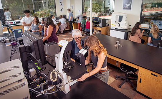 Faculty and students work in the Bioscience 106 space, home to Occidental's new LUMEN Imaging and Analysis Center.