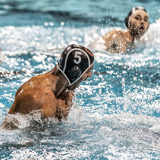 Utility player Atticus Wahab- Holles ’28, a psychology major from Portland, Ore., during the Tigers’ playoff match vs. Whittier on November 18 at De Mandel Aquatics Center. 