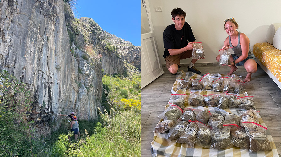 a composite images of two students examining a rock face and then examining rock samples in plastic bags