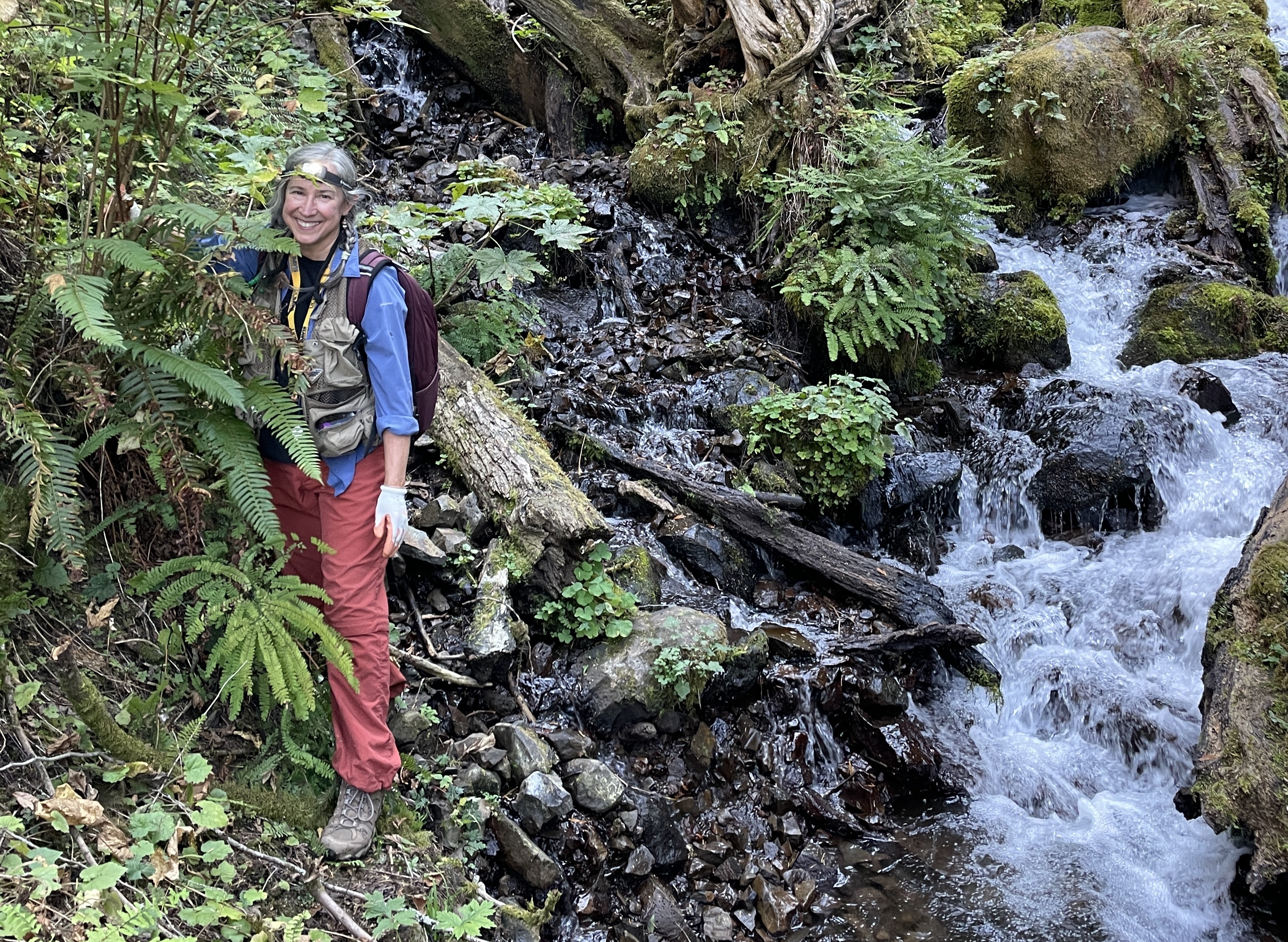 Dr. Greta Binford on a hillside with plants and a stream