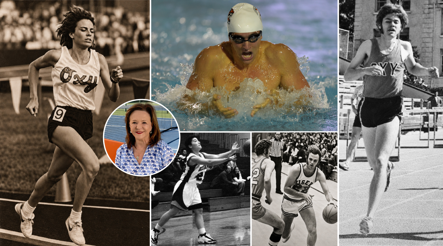 2026 Occidental Athletics Hall of Fame inductees Michele Trimble de Boucaud ’89, Steven Van Deventer ’15, Tom Colley ’78, Doug McAdam ’73, Anna Celaya ’99, and Lynn Mehl (inset).
