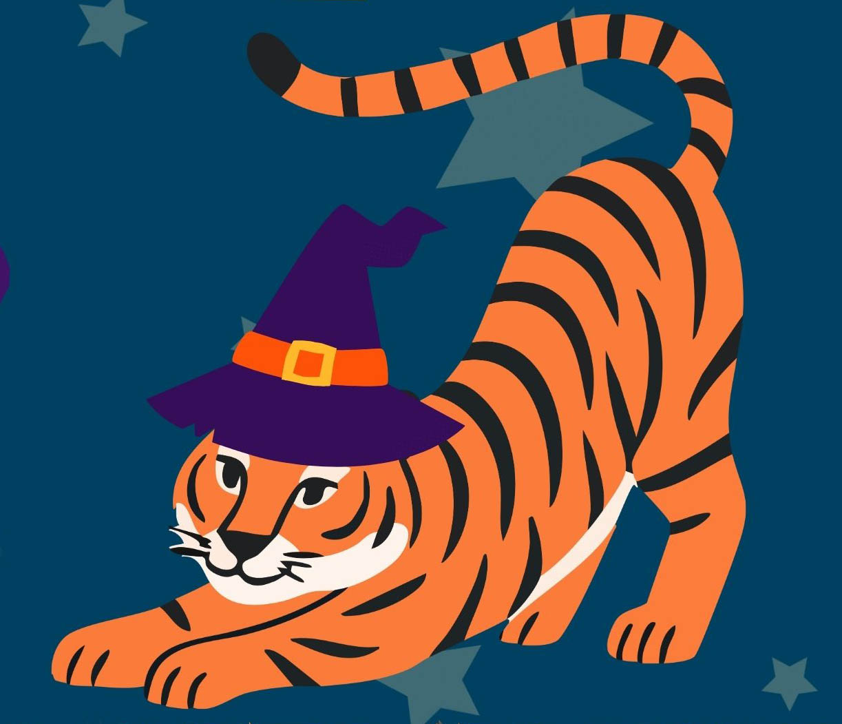 a tiger stretching out with a witch's Halloween hat